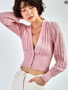 Aritzia Wilfred merino wool plunge front pink ribbed button cardigan size small!